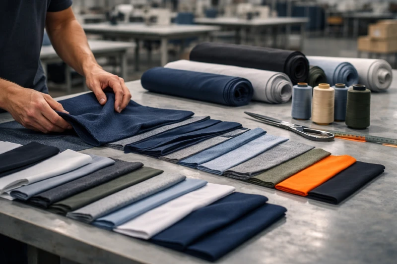 Fabric selection and material inspection for workwear and activewear in a professional apparel manufacturing environment