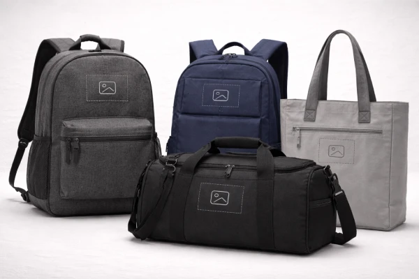 Blank backpacks and bags showing front logo placement for OEM embroidery customization