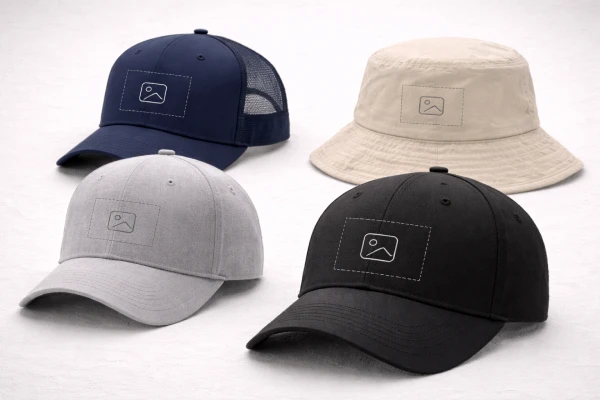 Blank caps and hats showing front embroidery logo placement for OEM headwear customization