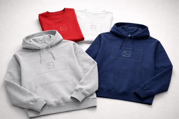 Blank hoodies and sweatshirts showing front logo placement for OEM printing and embroidery