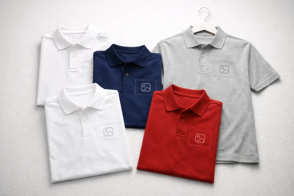 Blank polo shirts showing chest embroidery logo placement for OEM uniform customization