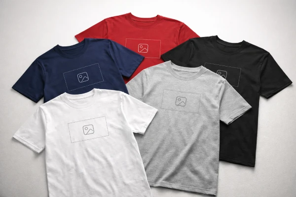 Blank T-shirts in multiple solid colors showing chest logo placement for custom OEM printing
