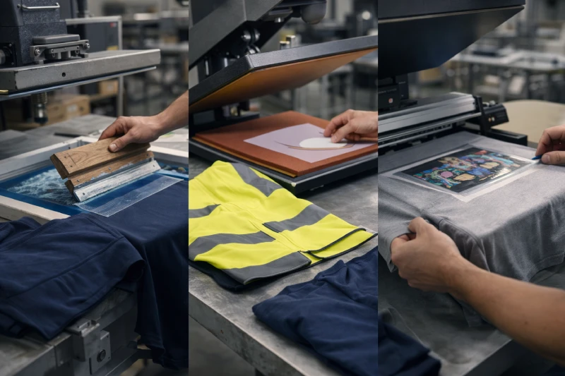 Custom logo printing process on workwear garments using screen printing and heat transfer methods in an OEM apparel factory