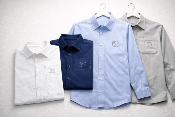 Uniform button-up shirts showing chest logo placement for OEM embroidery and printing