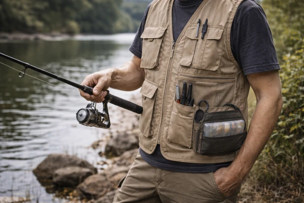 Men’s utility vest used in fishing and photography for hands-free tool access and storage