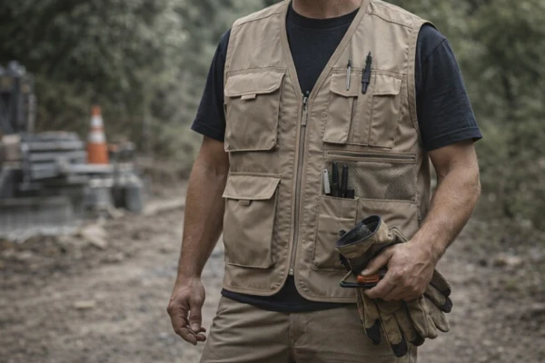 Men’s utility vest for outdoor utility work with accessible storage in a light-duty environment