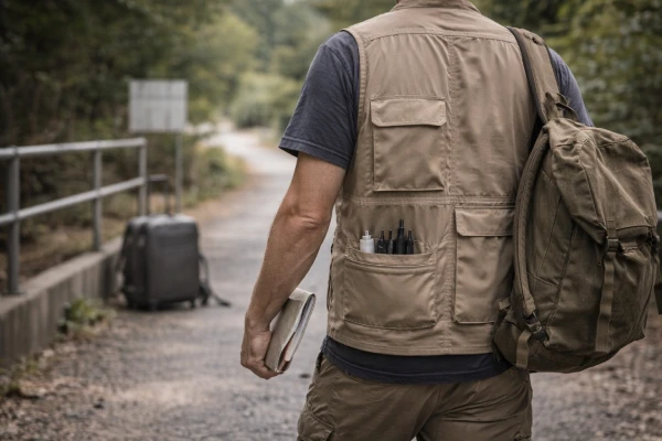 Men’s utility vest used for travel and field movement with essential gear storage