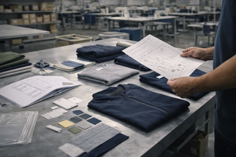 OEM apparel manufacturing planning process showing production samples and technical preparation in a professional factory environment