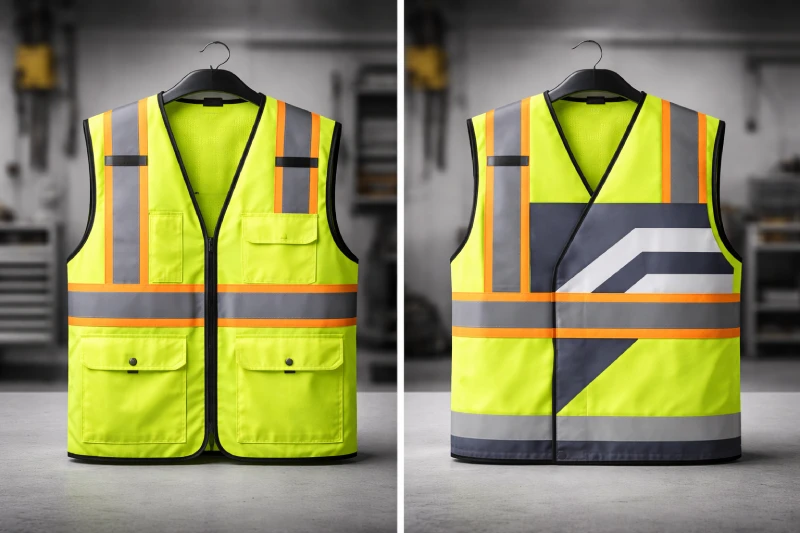 Side-by-side comparison showing how excessive printing reduces visible fluorescent areas on high-visibility safety apparel