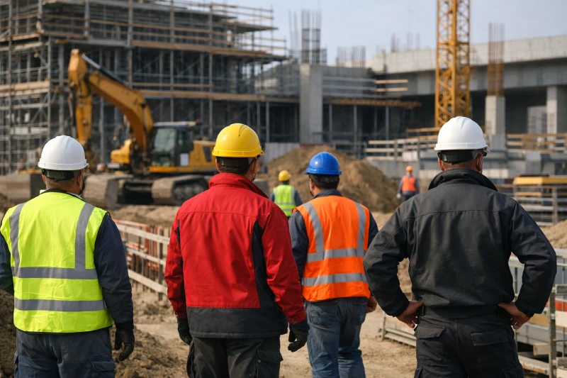 Workers wearing high-visibility vests, protective workwear jackets, and safety helmets at a large construction project site under daylight conditions