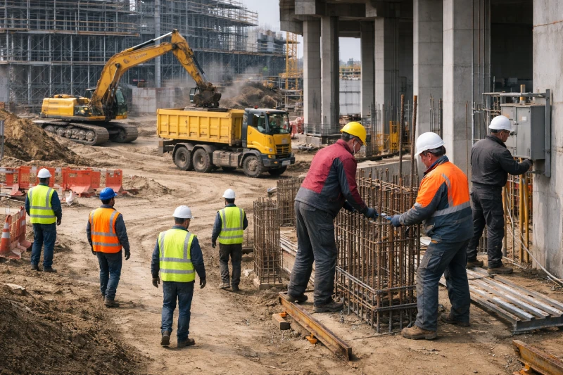 Différentes zones de travail sur un chantier, avec des travailleurs portant des vêtements haute visibilité près des machines et des vêtements de protection lors de tâches d’installation manuelle