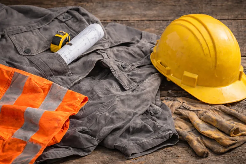 Construction workwear and safety gear prepared for on-site use, representing OEM apparel solutions for construction projects
