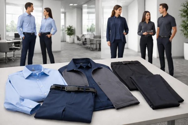Professional corporate and institutional uniforms shown in a modern office environment, designed for consistency, staff onboarding, and long-term B2B uniform programs