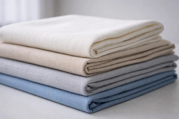 Folded cotton fabric materials showing natural texture and breathable weave for OEM manufacturing applications