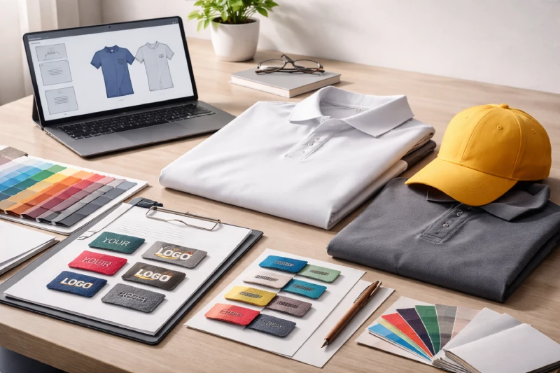 Custom logo printing consultation for apparel and accessories with fabric swatches, logo samples and blank garments