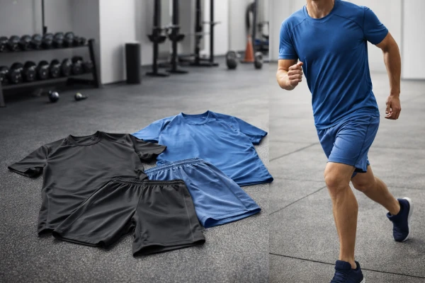 Custom sportswear and activewear sets displayed in a professional fitness environment, highlighting breathable performance fabrics and coordinated design for bulk production