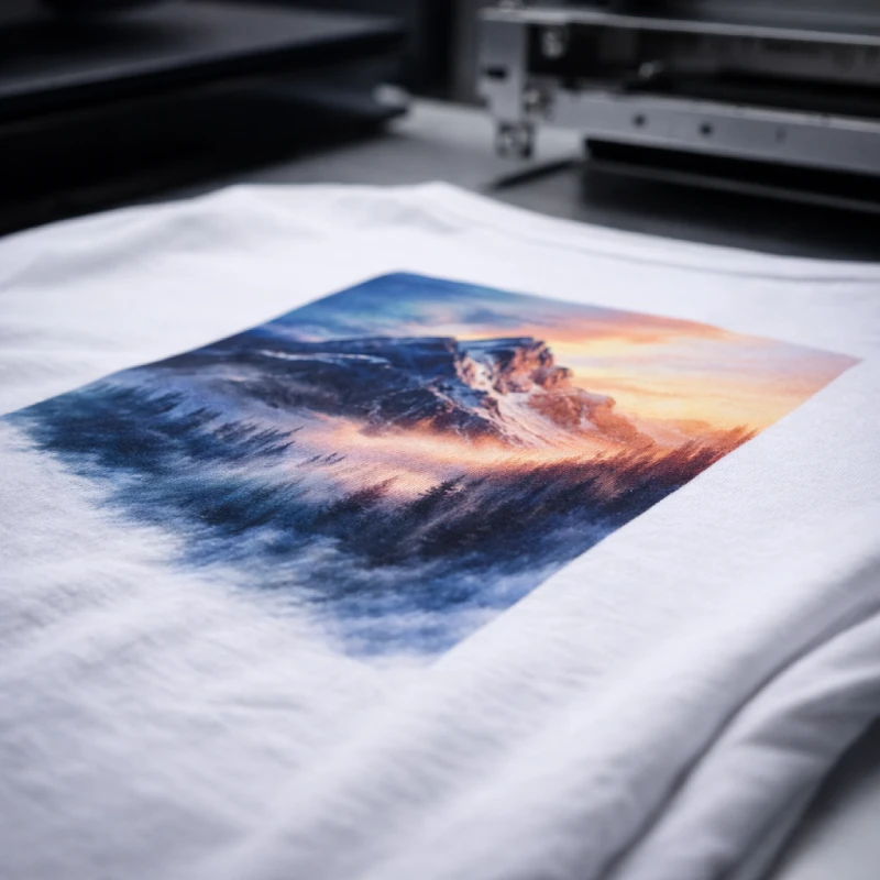DTG printing on a cotton T-shirt showing photo-style detail with smooth ink absorbed into the fabric