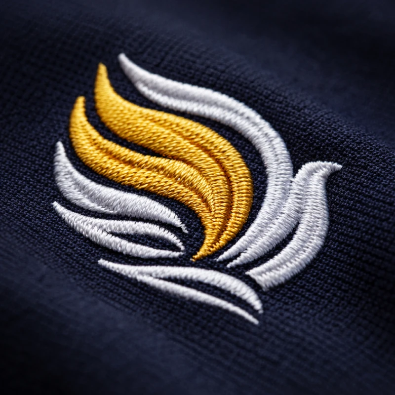 Close-up embroidery stitching on durable apparel fabric showing raised thread texture and clean stitch lines