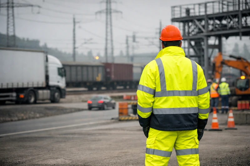 Worker wearing high-visibility clothing clearly visible in an industrial environment with vehicles and equipment, illustrating EN ISO 20471 safety visibility requirements