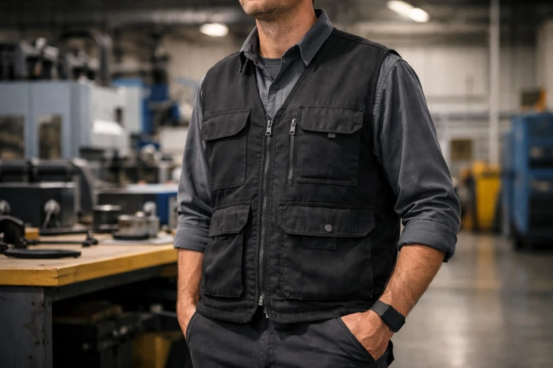 Gilet de travail résistant avec plusieurs poches utilitaires, porté dans un environnement industriel intérieur