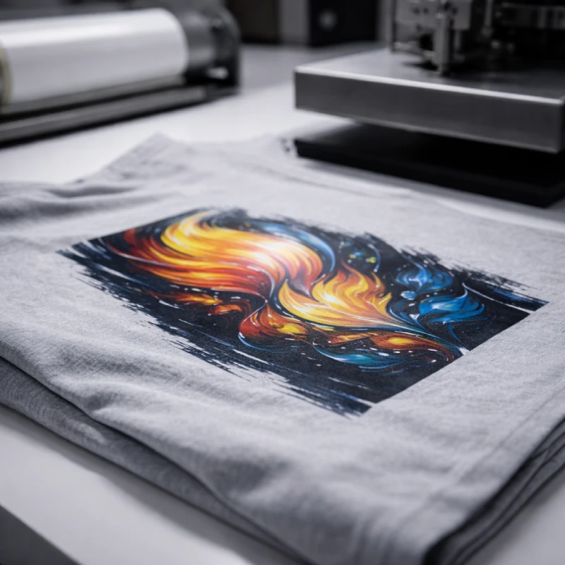 Heat transfer DTF printing on a T-shirt showing detailed multi-color design with smooth color gradients