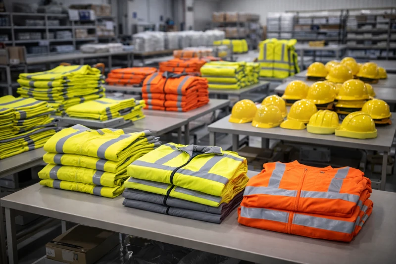 Ropa de alta visibilidad, incluidos chalecos de seguridad, chaquetas de trabajo y accesorios, dispuesta en lotes agrupados en un área limpia de preparación de fabricación para producción a granel
