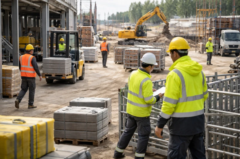 High-visibility apparel worn by workers in a large industrial work environment with vehicle movement and manual operations, improving workplace safety and situational awareness