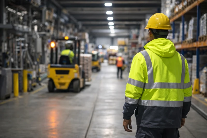 Trabajador con ropa de alta visibilidad de pie en un pasillo activo de almacén con equipos en movimiento, mejorando la visibilidad y la seguridad laboral en operaciones industriales
