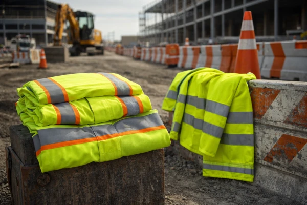 High-visibility safety workwear with reflective tape displayed at an active construction and roadwork site, designed for durability, compliance, and enhanced visibility