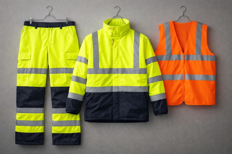 Сигнальная одежда, расположенная так, чтобы показать площади флуоресцентной ткани, расположение световозвращающей ленты и компоновку панелей, используемые для обеспечения показателей видимости
