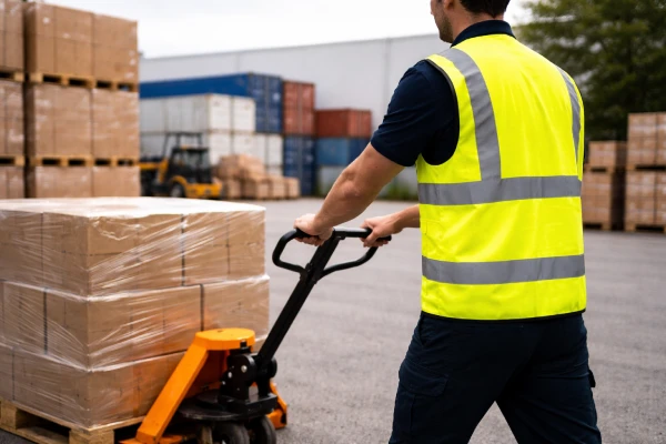 High-visibility safety vest applied in outdoor logistics handling operations