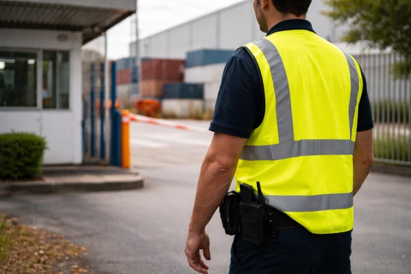Reflective safety vest worn for site security and facility patrol duties