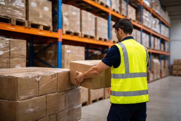 High-visibility reflective safety vest used in warehouse operations environment
