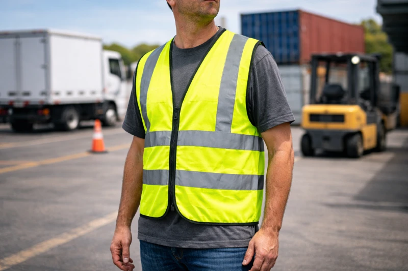 Travailleur portant un gilet de sécurité haute visibilité avec bandes réfléchissantes dans un environnement logistique industriel contrôlé