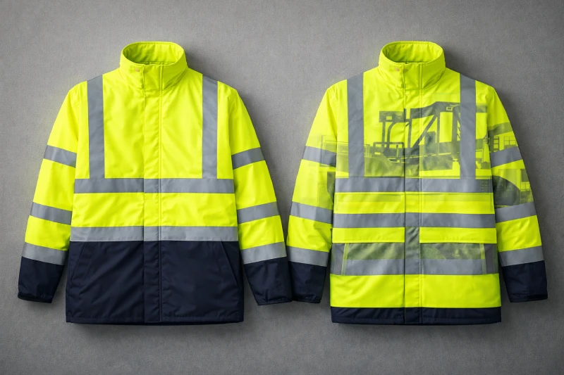 Сравнение сигнальной спецодежды рядом, показывающее, как непрерывные флуоресцентные и световозвращающие участки отличаются от изделий со сниженной видимостью из-за плотной печати или перекрытия панелями
