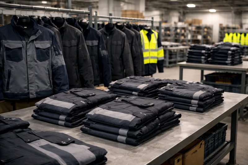ملابس عمل صناعية مُجهزة للإنتاج بكميات كبيرة، تُظهر سترات وملابس موحدة معيارية مرتبة في بيئة تصنيع نظيفة