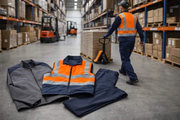 Functional logistics and warehouse uniforms displayed in an organized distribution center, designed for durability, practicality, and scalable B2B uniform programs