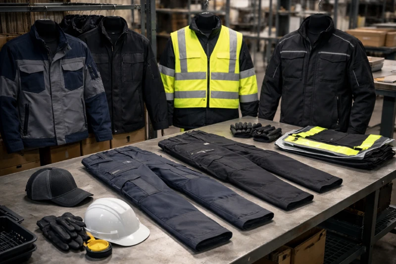 تصميم معياري لملابس العمل الصناعية يضم سترات معززة وسراويل عملية وغطاء رأس متوافق في بيئة تصنيع احترافية