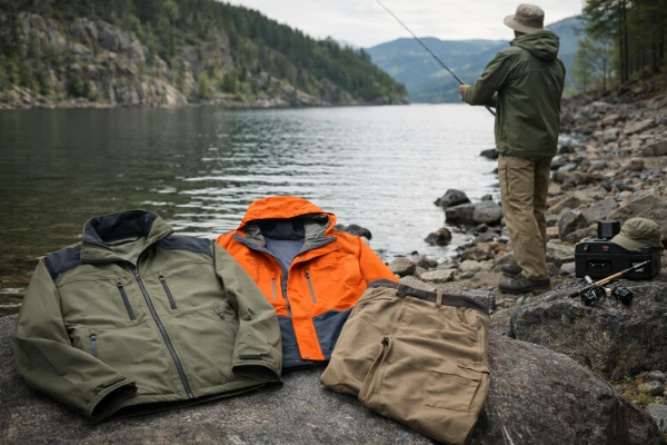 Outdoor and fishing functional apparel shown in a natural environment, designed for comfort, protection, and repeated use in demanding outdoor conditions