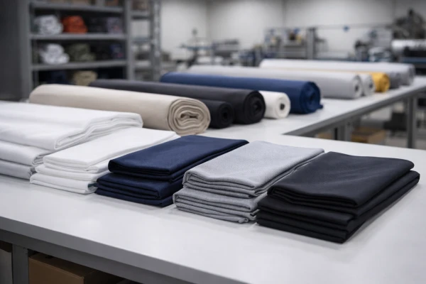 Polyester fabric materials arranged for inspection, showing smooth texture and consistent weave for OEM manufacturing use