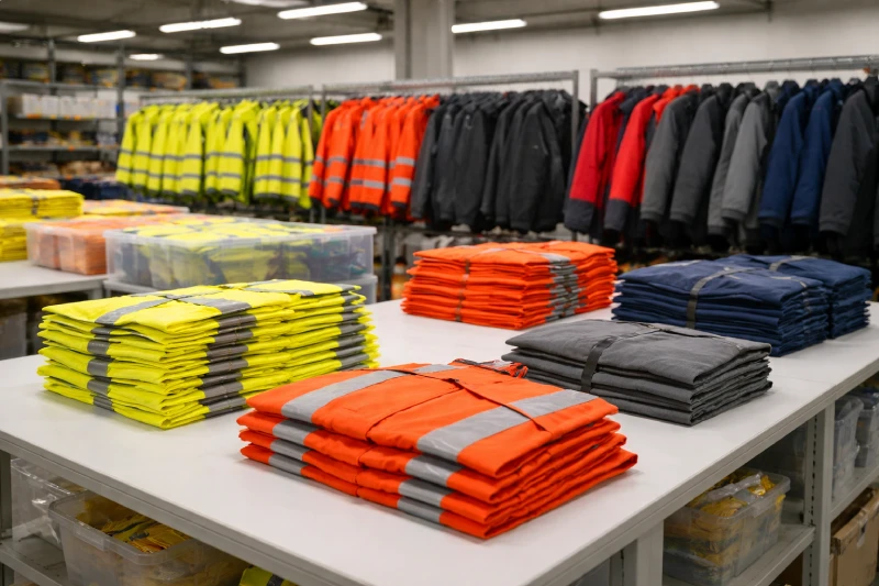 Vêtements de sécurité regroupés par lots lors de la préparation de commandes en gros dans un environnement propre de fabrication et d’entreposage
