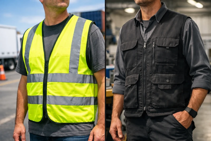 Split-scene comparison of a high-visibility safety vest and a functional workwear vest used in different industrial working environments