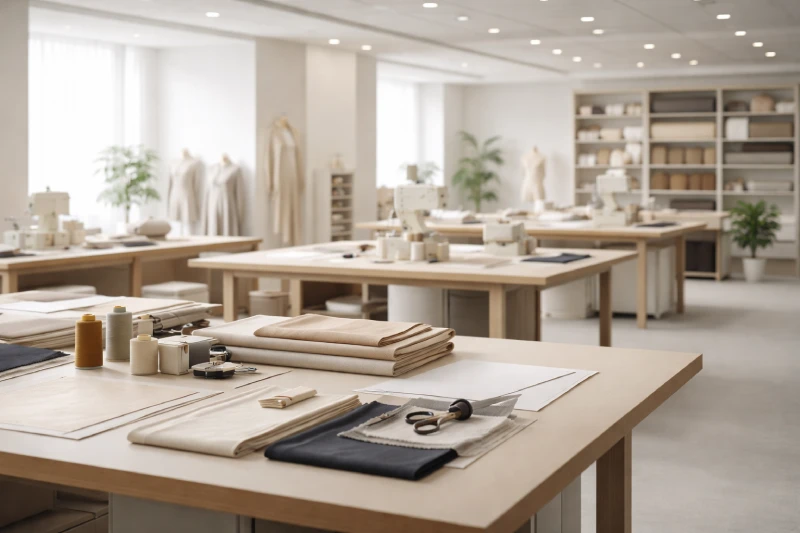 Clean and minimalist apparel manufacturing and sample development space at Seetime Luxury, showcasing organized worktables, fabric materials, and a professional OEM production environment.