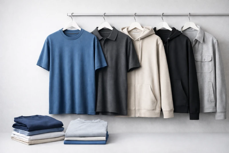 Finished apparel items including T-shirts, polo shirts, hoodies, and outerwear, arranged neatly to represent core custom apparel manufacturing categories.