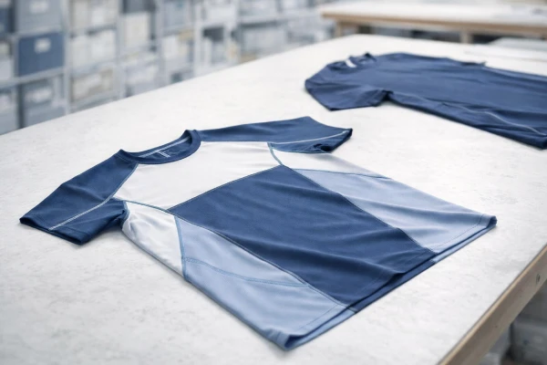 OEM sportswear and activewear sample displayed on a factory inspection table, showing technical seam construction and performance fabric details for bulk manufacturing
