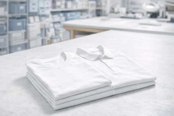 OEM apparel sampling table showing neatly folded t-shirt and polo shirt samples with visible stitching and fabric finish in a professional manufacturing workspace