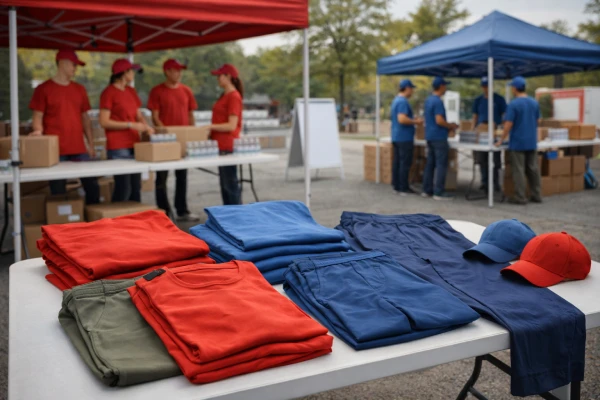 Coordinated volunteer and event apparel displayed at an organized event setup, designed for flexible quantities, visual unity, and campaign-based B2B programs