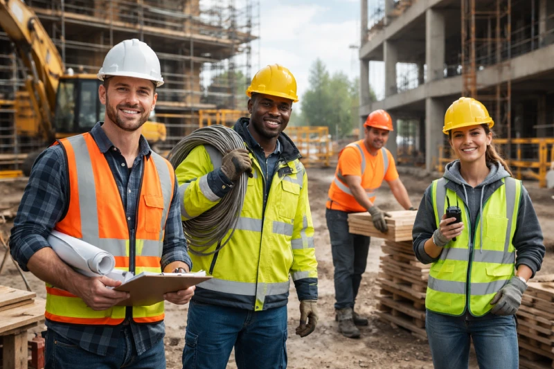 Construction workers wearing safety apparel at a construction site, including headwear, safety vests, and protective gear, with scaffolding and machinery in the background