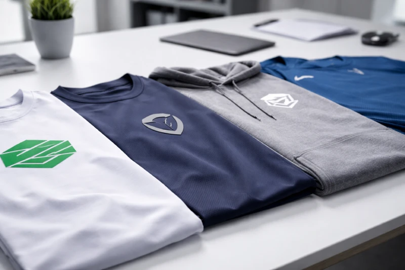 B2B evaluation of different logo printing options applied on sportswear garments, comparing print, silicone, and embroidery finishes for bulk apparel decision-making.