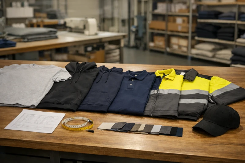 Bulk apparel size range planning table in garment factory showing T-shirts, hoodies, polos, safety jacket and cap arranged by size for B2B production review.